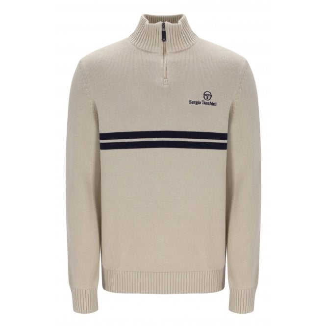 Sergio Tacchini  | New Dallas 1/4 Zip 1392 Classic Contrast Double Stripe Cotton Knitted Jumper - Peyote Beige