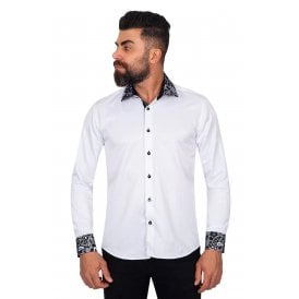 Makrom | SL-5410 Paisley Embroidery Design Collar & Cuff Slim Fit Shirt - White