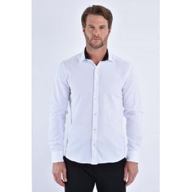 CB 093 Textured Slim Fit Black Trim Collar Single Cuff Smart Shirt - White