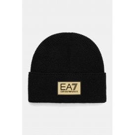 EA7 | Emporio Armani AF18021 0247 Knit Gold Patch Logo Wool Blend Beanie Hat