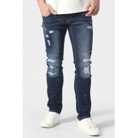 Police 1061 Todd Dino Stretch Slim Fit Distressed Paint Splatter Denim Jean - Blue Wash