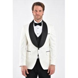 CB Chennia Tailored Slim Fit Wavey Pattern Satin Collar Dinner Blazer - White