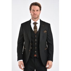 CB Belfast Tailored Slim Fit Plain Smooth Textured Suede Trims Blazer - Black