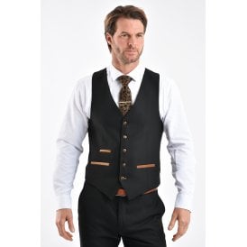 CB Belfast Tailored Slim Fit Plain Smooth Textured Suede Trims Waistcoat - Black